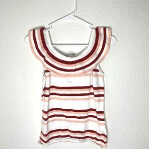 LOFT WHITE & CORAL STRIPED RUFFLED NECK SLEEVELESS KNIT  BLOUSE TOP SZ xsmall